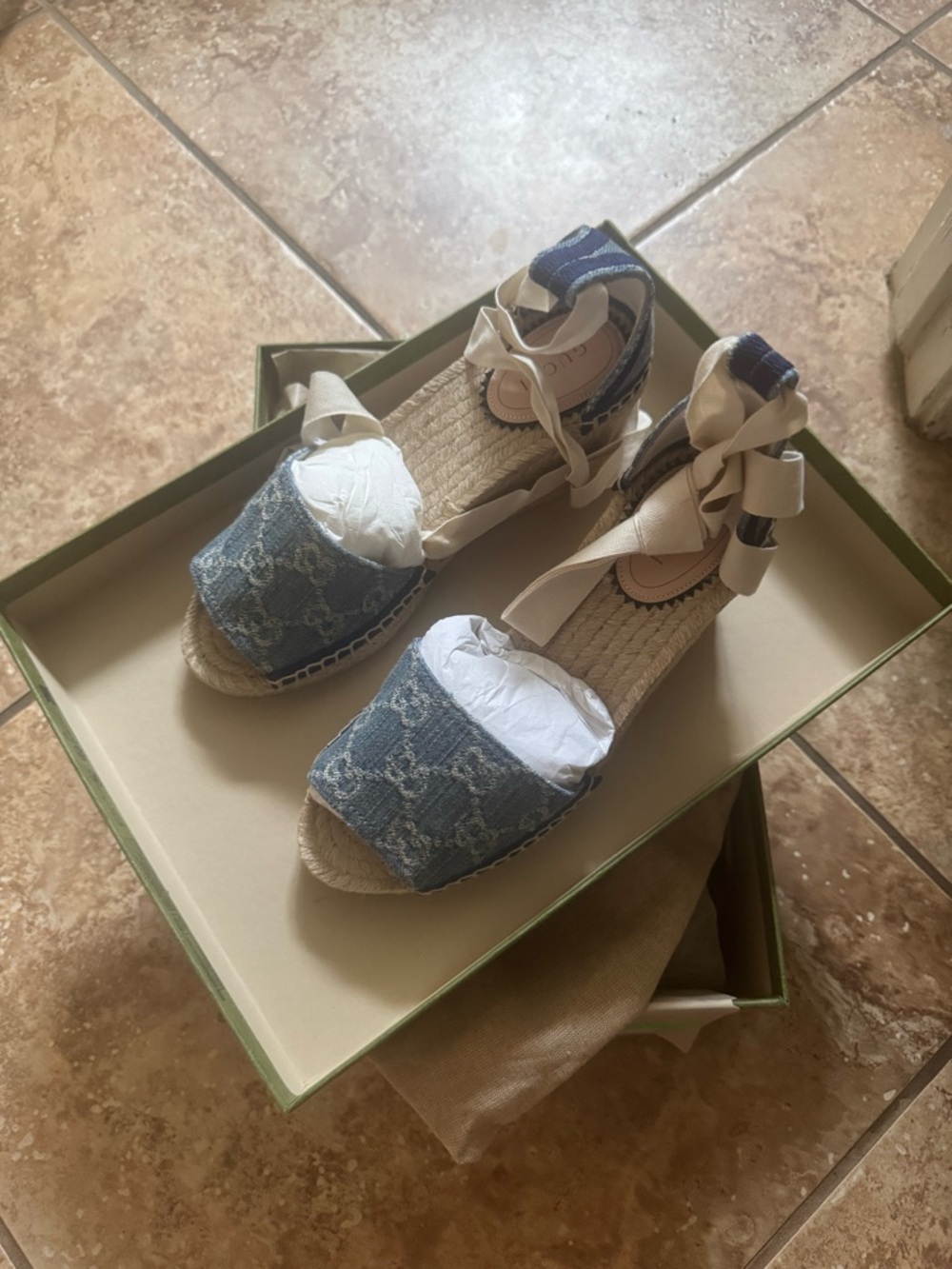 🆕 Gucci Pilar 51mm Denim Blue Espadrille Wedge Sandal with Ankle Tie - Picture 3 of 9